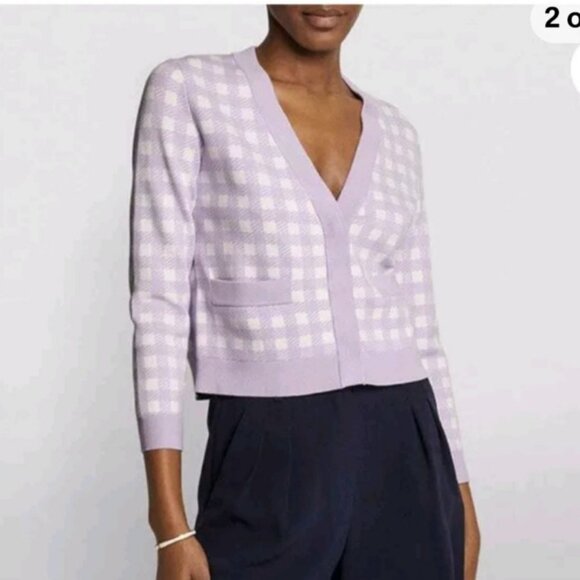 Maje Mystyle Cardigan Size 4 XL Purple White Gingham Check Preppy Sweater - Picture 3 of 14